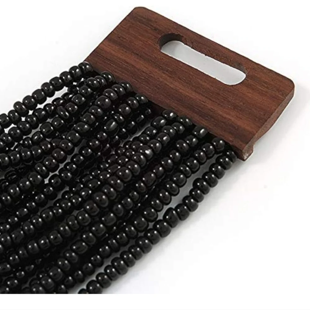 Black Glass Bead Multistrand Flex Bracelet With Wooden Closure